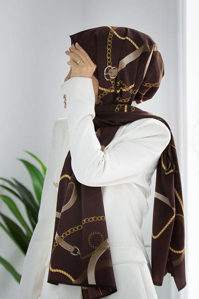 Vissona Belt Patterned Brown Moss Crepe Dikish Type with Luxurious Medina Silk Chains - 75X195, Non-Smudge Shawl