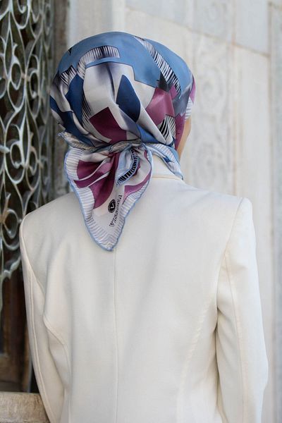 Vissona 100% Twill Silk Geometric Patterned Indigo - Plum Bark Colored 90X90 Scarf Sewing Shape: Hand Sewing