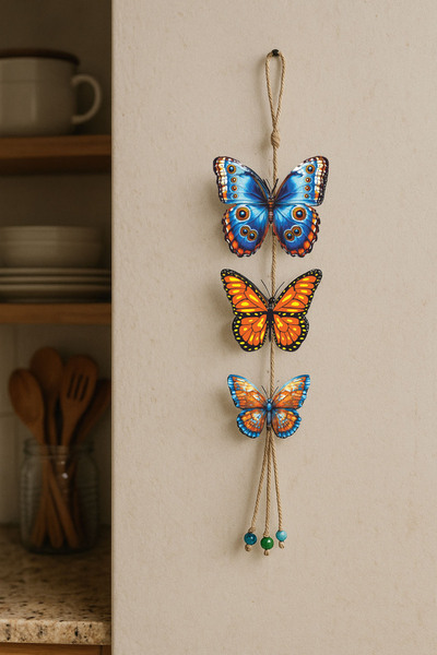 MODERN TASARI Duvar Süsü Ahşap Dekoratif İPLİ SARKIT - Kelebek Motif