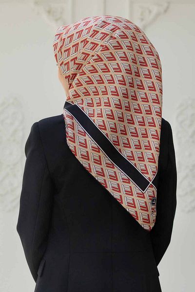 Vissona Beige Geometric Pattern Twill Silk - Red 90X90 Scarf, Hand Stitched