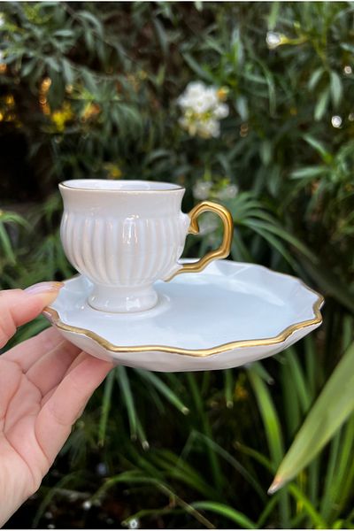 MAMALİZA Set of 6 90 ml Classic Ceramic Cups with Gold Detail