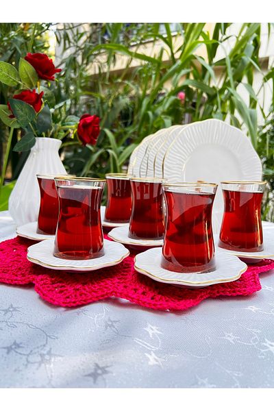 MAMALİZA 18 Piece Ceramic Cake Set. The Breakfast Team. 6 People. Gold Detailed.