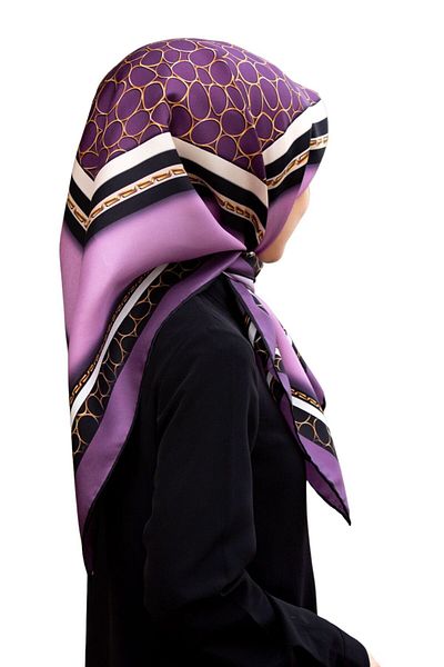 Vissona Lilac and Gold Silk Pattern Black 90X90 Twill Scarf - Hand Stitched