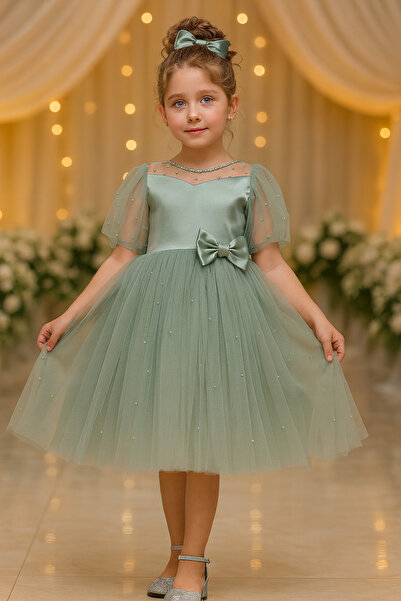 TREEMASS Abiye Kız çocuk Elbisesi Tüllü Saten İncili Düğün ve Doğum Günü