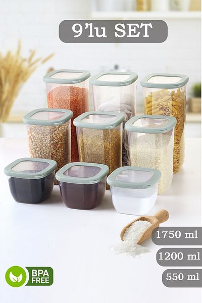 MYBOX 9-Piece Vita Silicone Lid Square Food Storage Container - Labeled Flour Grain Storage Box Spice Rack