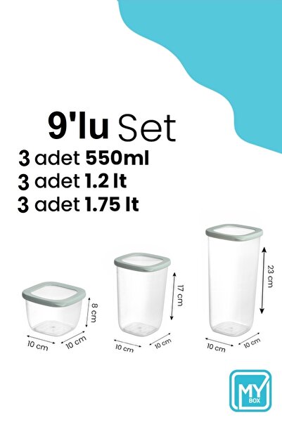 MYBOX 9-Piece Vita Silicone Lid Square Food Storage Container - Labeled Flour Grain Storage Box Spice Rack