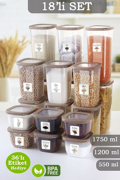 MYBOX 18-Piece Coral Silicone Lid Square Food Storage Container - Labeled Flour Pasta Storage Box Spice Rack