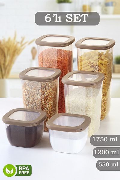 MYBOX 6-Piece Coral Silicone Lid Square Food Storage Container - Flour Pasta Storage Box Spice Rack with Labels