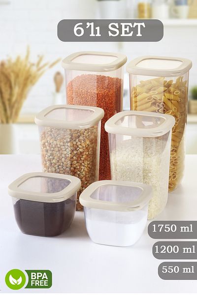 MYBOX 6-Piece Lumia Silicone Lid Square Food Storage Container - Flour Pasta Storage Box Spice Rack with Labels