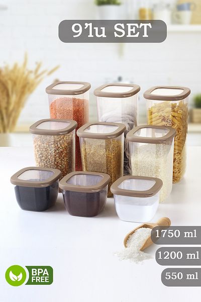 MYBOX 9-Piece Coral Silicone Lid Square Food Storage Container - Flour Pasta Storage Box Spice Rack with Labels