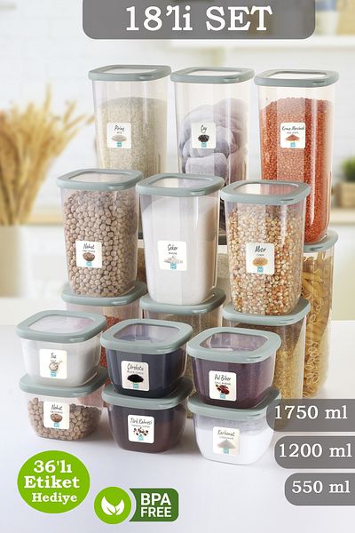 MYBOX 18-Piece Vita Silicone Lid Square Food Storage Container - Flour Pasta Storage Box Spice Rack with Labels