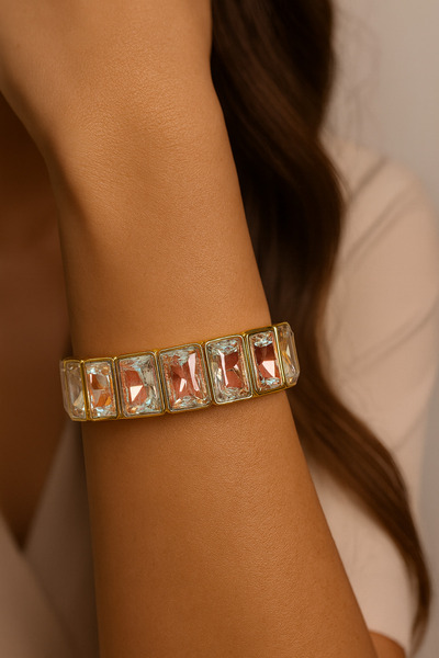 GIHANDMADE سوار نسائي بحجر كريستالي مستطيل الشكل بإطار ذهبي مرن، إكسسوار مجوهرات أنيق وعصري