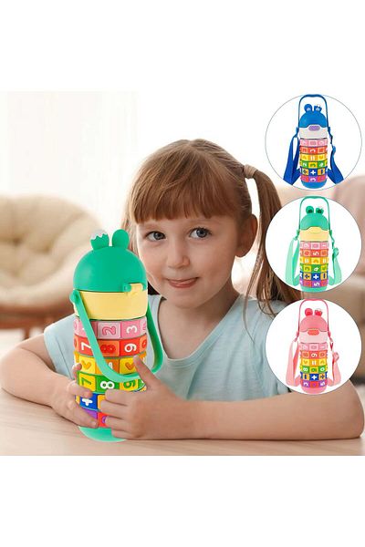 CNSZ Double Layer Thermos with Straw, Both Hot and Cold Protected, Sporty Flask Green