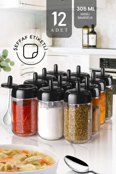 Kitchen Life 12 Adet Kapağı Kendinden Kaşıklı Baharatlık Seti - 300 ml