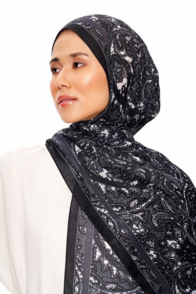MOISCARF SİLVER ROSE Superior Soft Etnik Desenli Şal Kömür Siyah