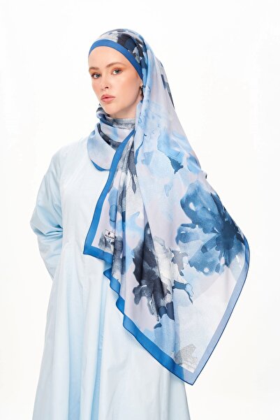 MOISCARF Brume d'Amour Γαλλικό μεταξωτό σάλι με σχέδιο σε βαθύ μπλε