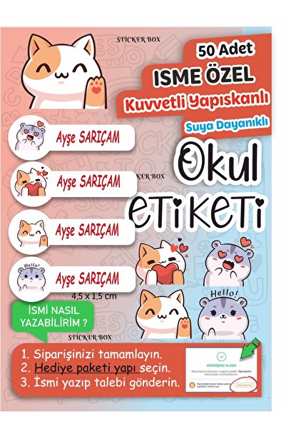 Think And Print 50 Adet Kişiye Özel Okul Etiketi Kalem Defter Kedi Temalı