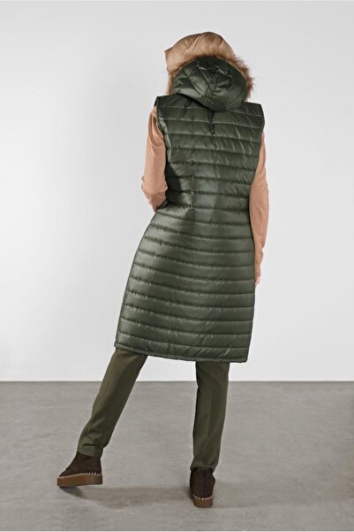 TRENDTESETTÜR Women's Khaki Hooded Fur Puffer Vest 1453