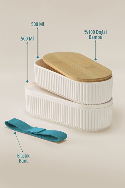 İronika 500 ml Bambu Kapaklı Lunch Box 2 Katlı Bölmeli Yemek Beslenme Kutusu Saklama Kabı Mavi