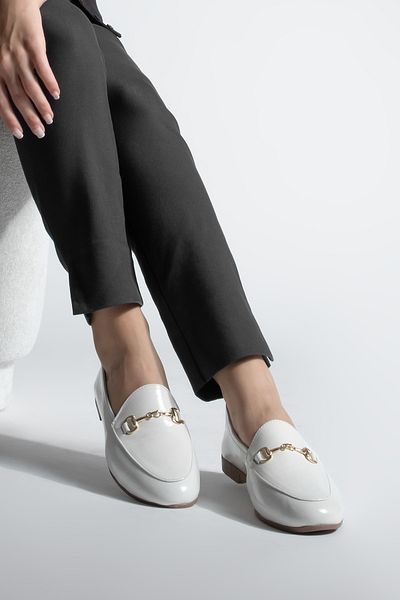 Marjin Women's Genuine Leather Chain Loafer Casual Shoes Tanle Beige Patent Leather