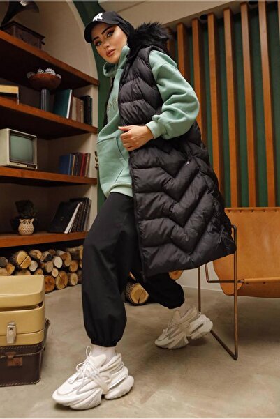 TRENDTESETTÜR Women's Black Hooded Fur Puffer Vest 7852