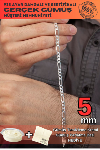 OSMANLI GÜMÜŞ 5mm Figaro Model 925 Ayar Gümüş Erkek Bileklik Künye 253882842