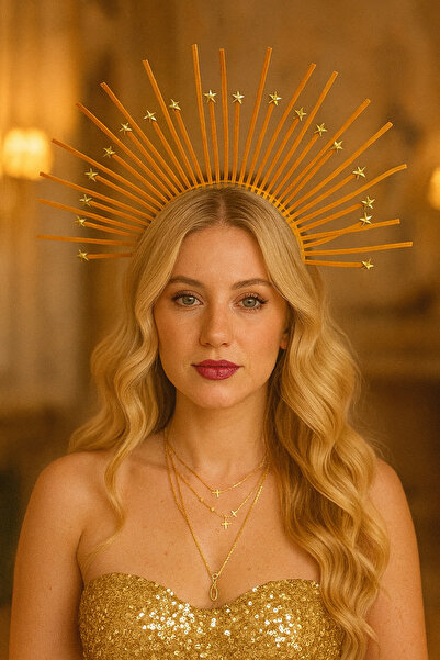 TAKIŞTIR Altın Renk Yıldız Detaylı Gelin/Kına/Nişan/Söz/Bride Tasarım Taç