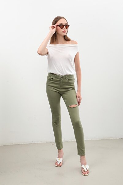 Bluewhite Women's Ripped Detailed Jean Trousers Khaki