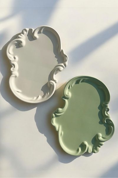 Minic Store Double Handmade Vintage Decorative Stone Tray – Jewelry Plate - Green & White