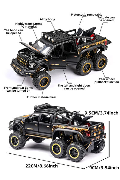 Choice شاحنة بيك أب سوداء 1:24 للأولاد، سيارة F150 رابتور مصبوبة من المعدن مع صوت وإضاءة للأطفال