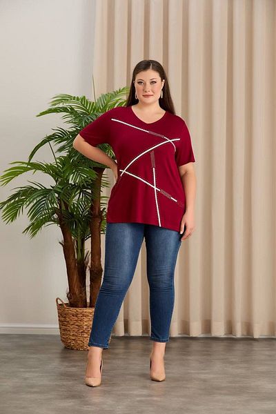 Orly More Viscose Fabric Plus Size Short Sleeve Stone Embroidery Detailed Mother Combed Cotton Blouse
