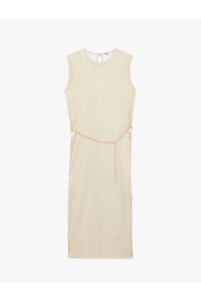 Koton Sleeveless Crew Neck Pleated Midi Length Pencil Dress