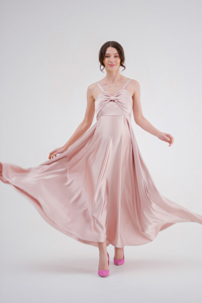 Desen Hamile Giyim Pudra Parlak Saten Uzun Hamile Abiye Elbise