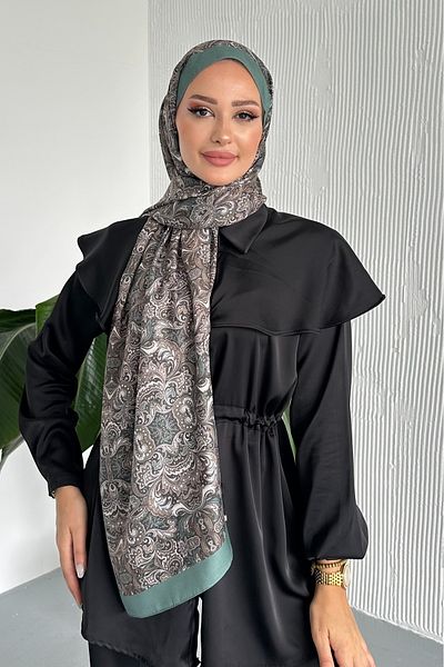 Stella Eşarp Ethnic Retro Pattern Green Color Cotton Soft Shawl