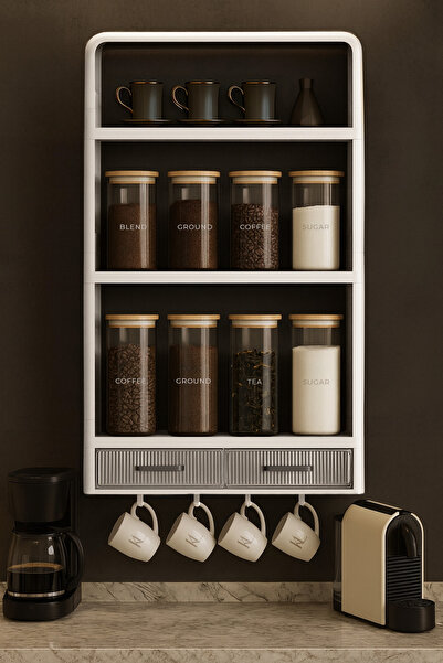 Kitchen Life Yapışkanlı Modüler 3 Katlı Kahve Köşesi Rafı Organizeri Kupa Askılıklı & Çekmeceli Organizer