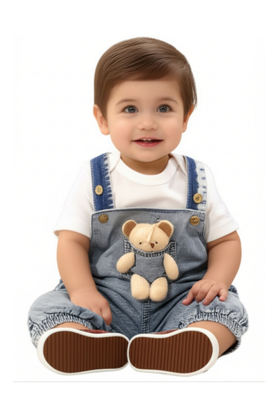 Lomix kids Askılı Cepli Bebek Tulum Seti – Pamuklu Beyaz Tişört ve Peluş Ayıc...