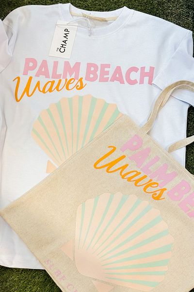 The Champ Clothing Sea and Coast Themed Palm Beach Waves Oversize Women's T-Shirt & Tote Bag Set