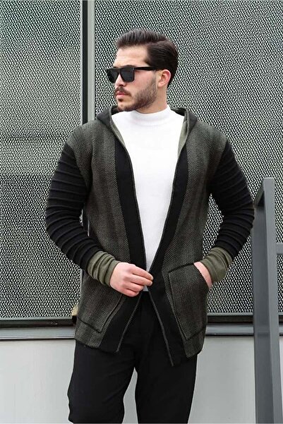 Valiberta Erkek Haki Kolları Desenli Kapüşonlu Panço Hırka