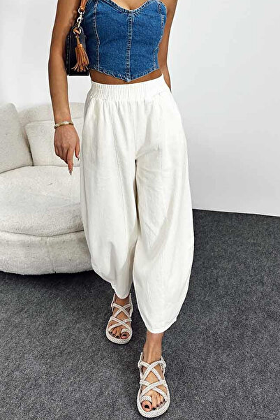 Nana & Mayka Moda Жіночі білі шалвар-штани з екрау, чотири сезони, зручні, бавовняні, з еластичним поясом, щодня, габардин