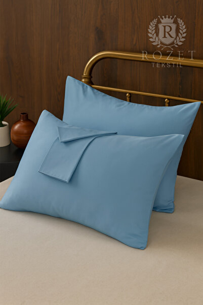 ROZET TEKSTİL 2 ΤΕΜ Μπλε Βαμβακερή Μαξιλαροθήκη - 50x70 cm με Κάλυμμα