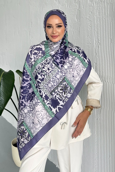 Stella Eşarp Patch Ethnic Patterned Purple Colored Soft Cotton Shawl