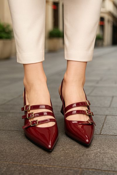 Nstil Daily Women's Burgundy Patent Leather Pointed Toe Adjustable Belt Helmet Short Block Heeled Shoes 455