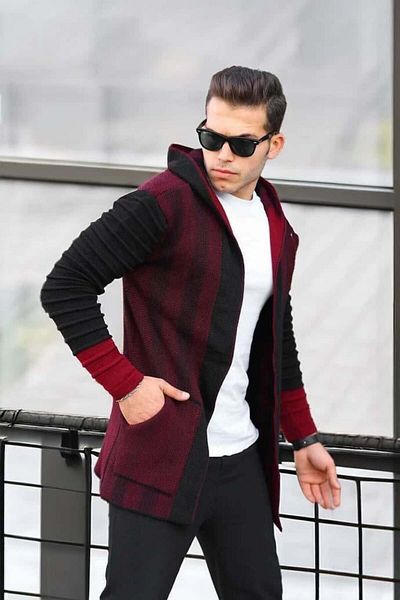 Valiberta Men's Burgundy Sleeves Patterned Hooded Poncho Cardigan