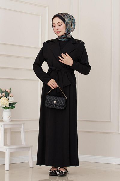 Sevitli Vest Stone Detailed Dress-Black