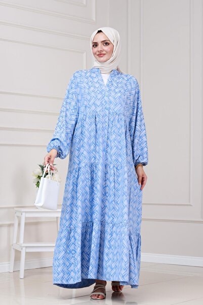 Sevitli Γεωμετρικό φόρεμα με μισό κουμπί-Μπλε