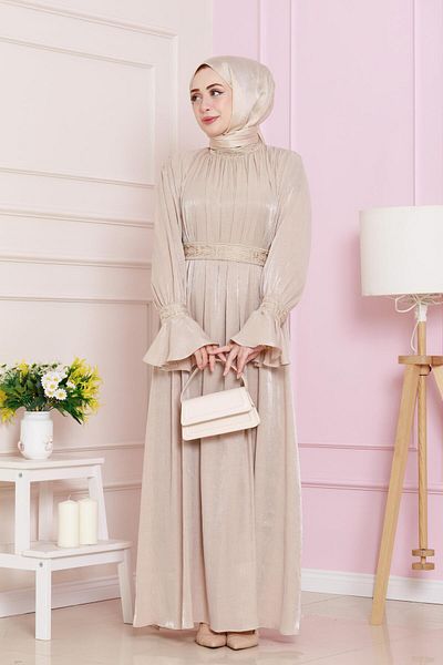 Sevitli Rochie de seara cu maneca bej cu volan broderie