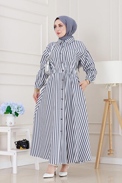 Sevitli Ριγέ Τσέπη Hijab Φόρεμα-Μαύρο