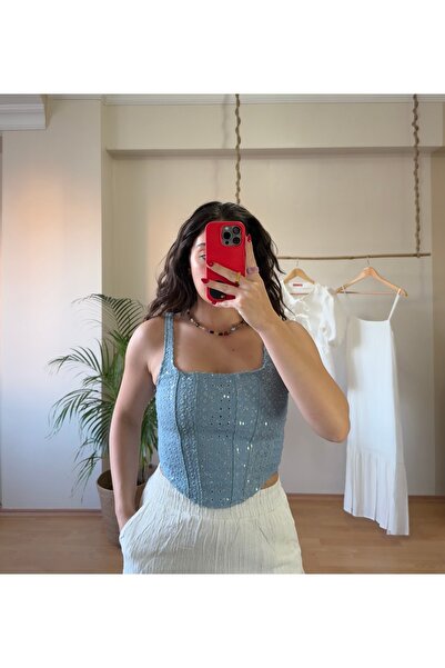 Floria İşlemeli Kot Büstiyer - Ayarlanabilir Tasarım