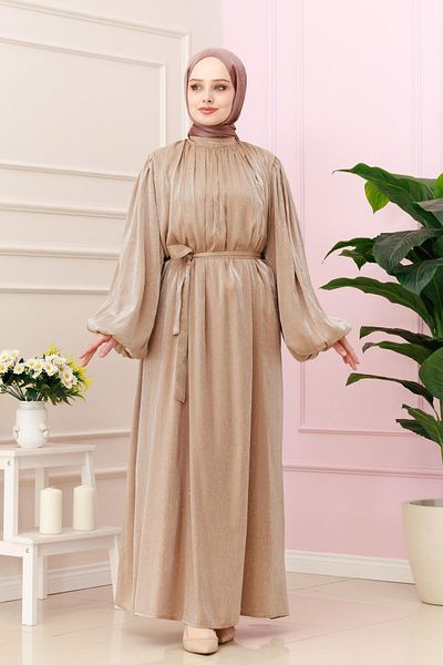 Sevitli Balloon Sleeve Stone Şimal Evening Dress - Mink