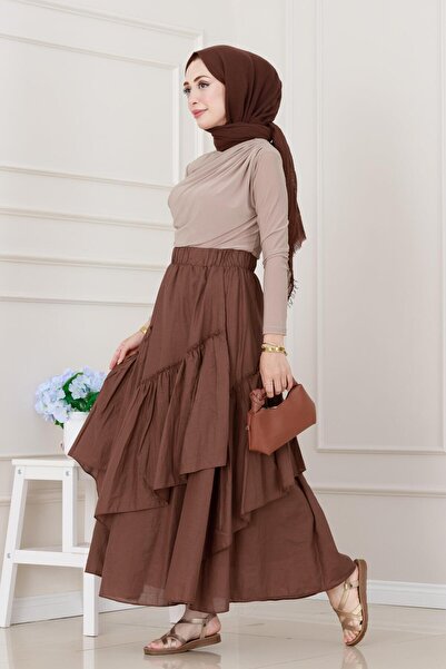 Sevitli Layered Botto Voile Skirt-Brown